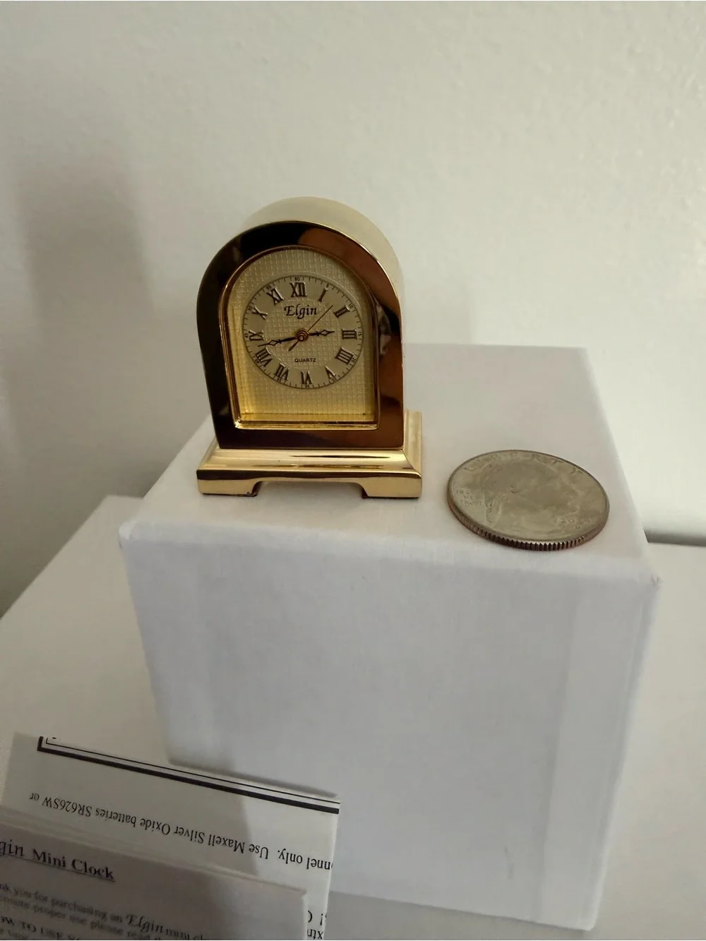Elgin Mini Mantel Clock Gold Tone Quartz Roman Numerals Open Face w/ Manual